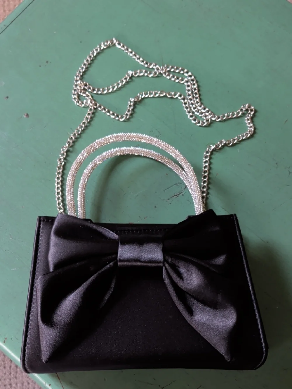 Elegant Black Bow Satin Handbag with Rhinestone Handles Formal Prom Event - Picture 9 of 10